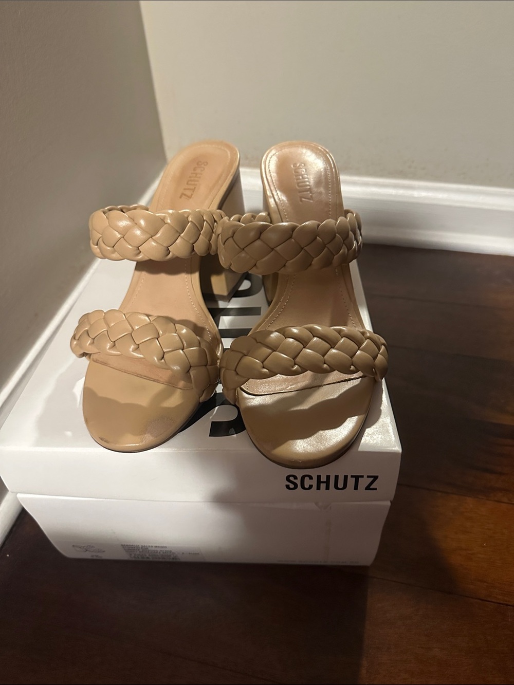 SCHUTZ Braided Double-Strap Slide Sandals — Beige